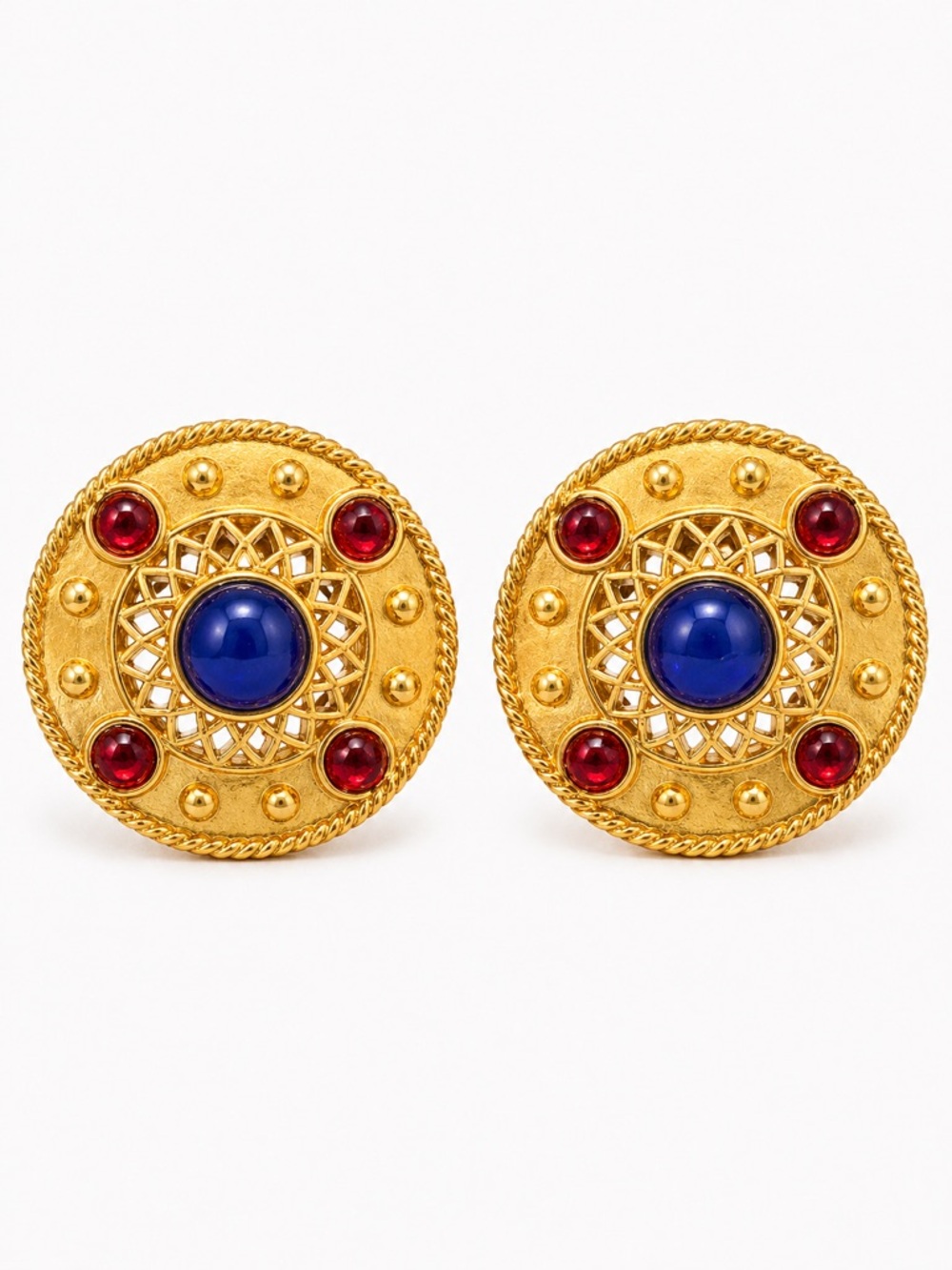 Vintage Style Gold Tone Statement Earrings Red Blue Cabochon Medallion Stud - Picture 1 of 7